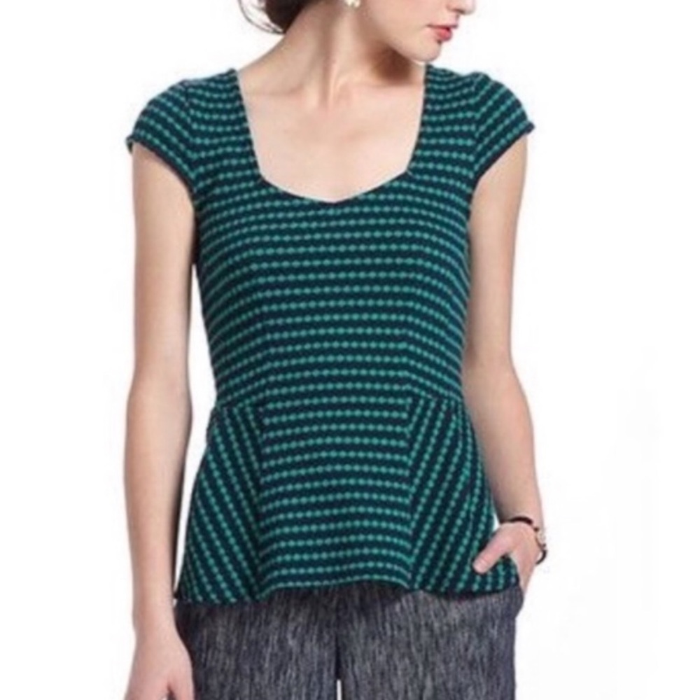 Anthropologie Green Blue Striped Peplum Top Sweetheart Neck Postmark‎ Size Small